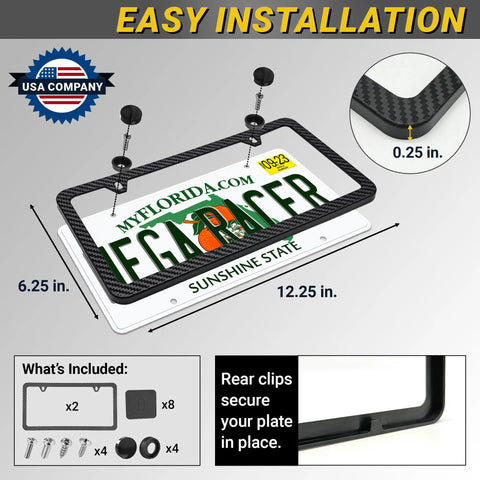 Slick Carbon Fiber License Plate Frame Set With A Dope Slim Profile And Fully Weatherproof Build, showing installation details and dimensions.