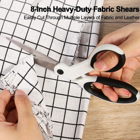 Heavy Duty Sewing Scissors Set All Purpose 8 Inch Fabric Scissors, 5 Inch Embroidery Snips, 4 Inch Detail Scissors, 5 Inch Thread Snips For Sewing Quilting Tailoring Dressmaking Craft Projects, 8-inch fabric shears cutting checked fabric