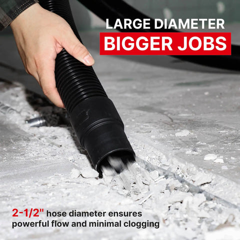 Beefy 8 Ft Universal Vacuum Hose 2.5 Inch Heavy Duty Replacement Hose in use clearing debris on a construction site floor.
