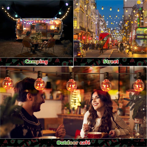 Scenes using 30Ft G40 LED Outdoor String Lights With 24 Color Changing Options And 128 Modes Dimmable Weatherproof in different settings