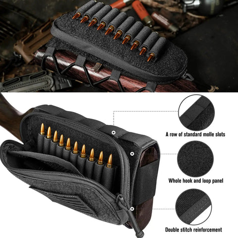 Tactical Stock Pack With Adjustable Cheek Rest Pouch For Long Action Rifles Right Hand Black Built From 500D Nylon, open view with bullets