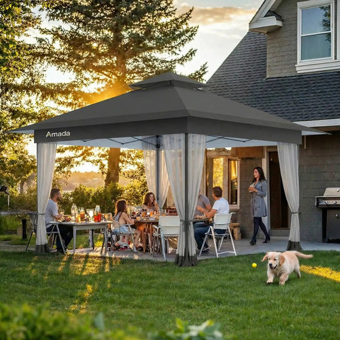 13x13 Pop Up Gazebo Canopy No Fuss Backyard Patio With Mosquito Netting, Easy Setup One Push Center Lock, Wheeled Carry Bag