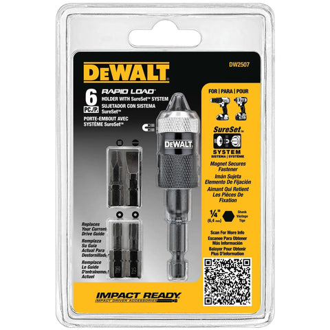 Packaging of Compact Rapid Load Six Piece Bit Set for Quick Change Accepts Any Quarter Inch Hex Shank Accessory and Screwdriver Tips