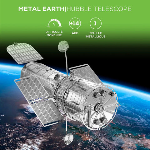 Hubble Space Telescope 3D Metal Model Kit For Teens And Adults No Glue No Solder Clip And Bend Build With Tweezers Easy Hobby Space Science Gift Hands On Fun For Makers And STEM Lovers 3D metal model on Earth background