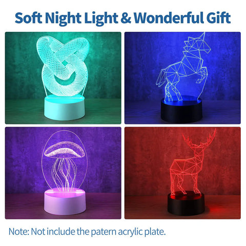 35 Pack 3D LED Light Bases With Remote Control 16 Colors USB Powered Acrylic Night Lamps Stand For Decor In Rooms Shops And Restaurants White Or Black For A Cool Vibe, displaying blue horse, green knot, pink jellyfish, and red stag shapes.