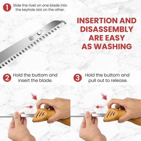 Prikoi Electric Carving Knife For Meat Slicing, Dual Stainless Blades, Easy Grip Handle, disassembly instructions shown.