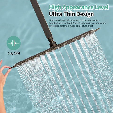 Big Ol 16 Inch Square Stainless Steel Rain Shower Head With High Pressure, Ultra Thin, Oil Rubbed Bronze Finish, Water Saving 2.5 GPM