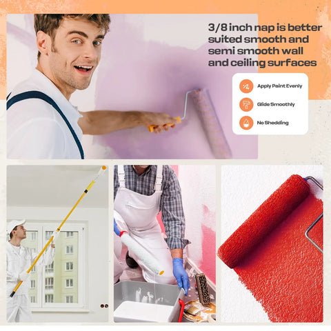 Top Tier 48 Pieces 18 Inches Paint Roller Covers Crafted With Plush Microfiber For A No Sweat Home Wall Project Heavy Duty Fast Drying Yellow 3 8 Nap Roll Cover Kit in use by a man painting.