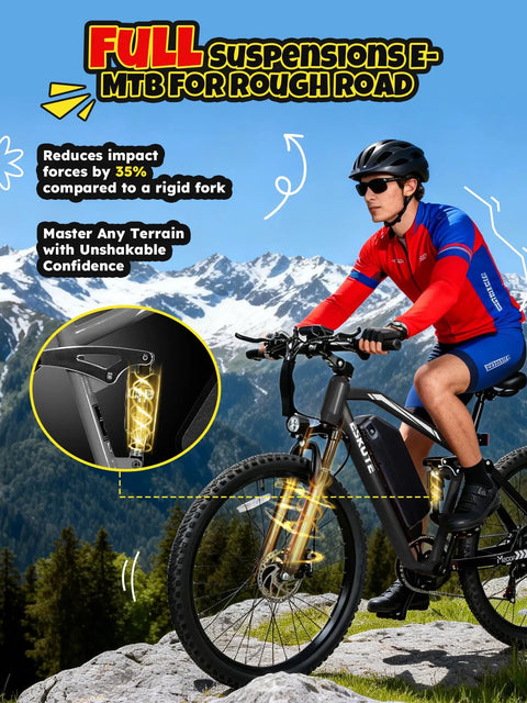 Cyclist riding All Terrain Electric Mountain Bike For Adults With Full Suspension 1500W Peak Brushless Motor 31MPH on mountain trail