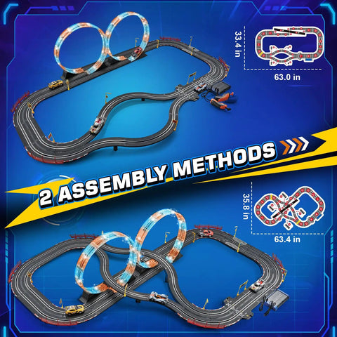 Epic Slot Car Race Track Set With Four Cars Battery Or Electric Power Glow Lights Circular Overpass Dual Lap Counter Realistic Turns For Kids Ages 6 To 12 Easy Build Gift For Boys And Girls showing two assembly methods.