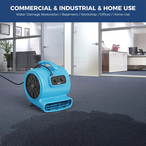 Powerhouse 2000 CFM Air Mover for Industrial Drying and Water Damage Restoration in office setting, blue, compact design