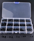 Top Shelf Heavy Duty Black Nylon Phillips Pan Head Screw And Hex Nut Assortment With 510 Metric Pieces in storage box.