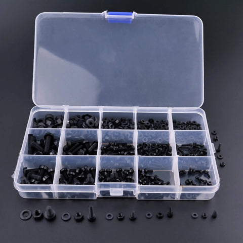 Top Shelf Heavy Duty Black Nylon Phillips Pan Head Screw And Hex Nut Assortment With 510 Metric Pieces in storage box.
