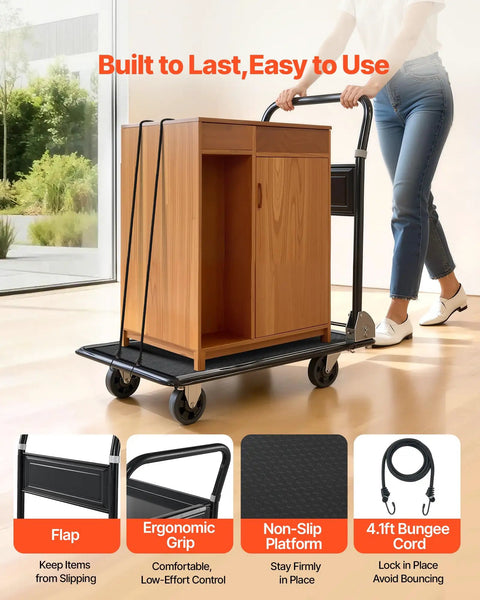 Heavy Duty 2 Tier Foldable Platform Hand Truck With 700 Lb Capacity For Warehouse Garage Workshop Or Office Use, High Strength Steel Frame, Rugged Yet Portable Workhorse Utility Cart carrying wood cabinet indoors