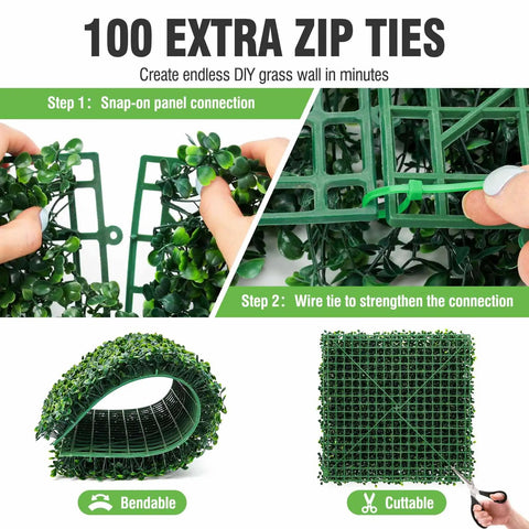 Guide showing 100 extra zip ties with 24 Pack 20x20 Grass Wall Panels Artificial Boxwood for Greenery Wall Backdrop installation steps