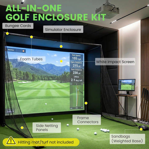 All In One Golf Simulator Enclosure Kit With Pro Grade HD Impact Screen, Foam Padded Aluminum Frame, Blackout Curtains