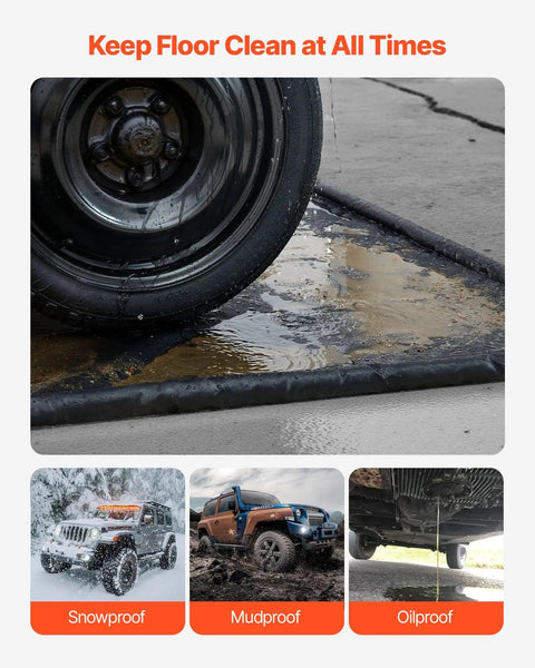 Heavy Duty Containment Mat For Garage Floor 7 Ft 9 In By 18 Ft Non Slip PVC Waterproof Floor Protector with tire in use