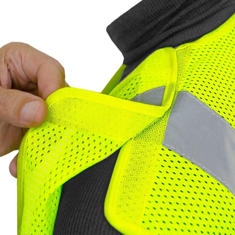 Close-up showing adjustable collar of Kickass High Visibility Safety Vest Featuring Rock Solid Five Point Breakaway System Top Shelf Reflective Dry Mesh For Tough Job Sites No Sweat Adjustable Fit Road Crews SM.