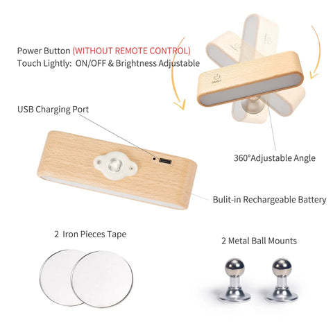 Wooden Magnetic 360 Degree Rotatable Night Light components including LED, USB port, and metal mounts for wall sconce use.
