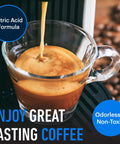 Cup of espresso in coffee maker cleaned with Descaling Solution For Coffee Machines With Six Uses Pro Grade Descaler Cleaner.