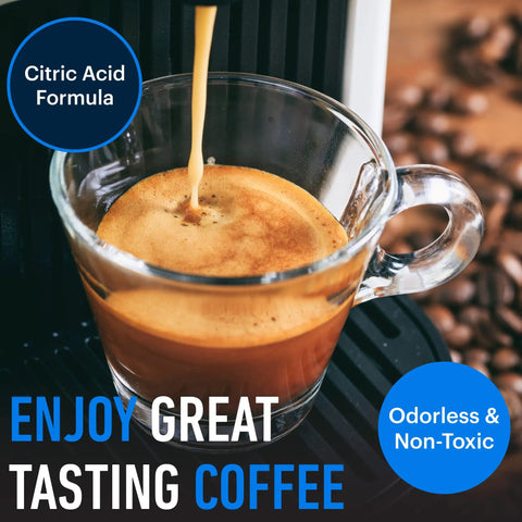Cup of espresso in coffee maker cleaned with Descaling Solution For Coffee Machines With Six Uses Pro Grade Descaler Cleaner.