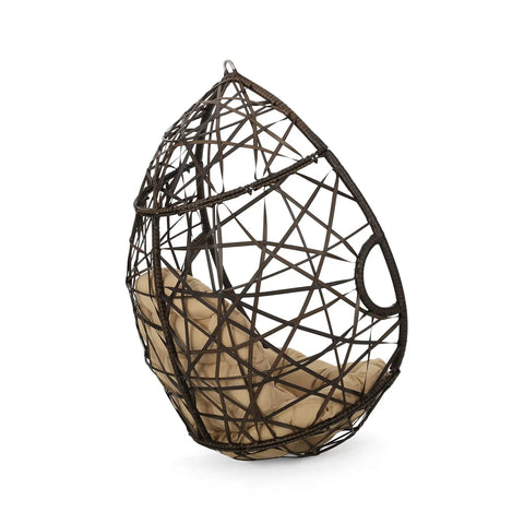 Side view of Indoor Outdoor Teardrop Wicker Hanging Chair For Patio And Deck, Multi Brown Tan Teardrop Basket Swing, Stand Not Included