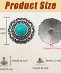 Product size details of Straight Fire Green Turquoise Concho Buttons 10 Pack With Screw Back Fasteners, showing dimensions of buttons and screws.