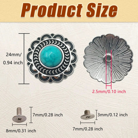 Product size details of Straight Fire Green Turquoise Concho Buttons 10 Pack With Screw Back Fasteners, showing dimensions of buttons and screws.