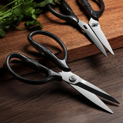 8.4 Inch Titanium Plated Heavy Duty Kitchen Scissors With Detachable Blades Rust Resistant 5Cr15MoV Stainless Steel 57HRC Hardness Cut Like A Boss Through Poultry Meat Seafood And Veggies on wood
