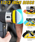 All In One Mini Random Orbital Air Sander Kit With 1, 2 And 3 Inch Heads shown in use on auto body detailing with various discs