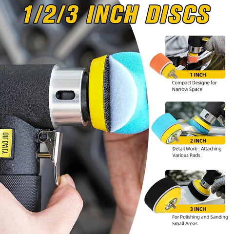 All In One Mini Random Orbital Air Sander Kit With 1, 2 And 3 Inch Heads shown in use on auto body detailing with various discs
