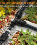 21 Piece Half Inch Drip Irrigation Fittings Kit With Anti Leak Lock Nut Barbed Connectors installed in garden soil
