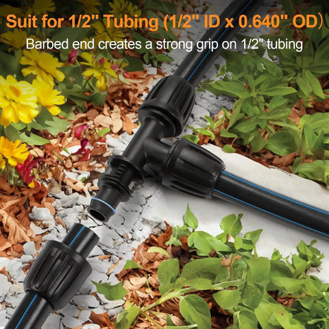 21 Piece Half Inch Drip Irrigation Fittings Kit With Anti Leak Lock Nut Barbed Connectors installed in garden soil
