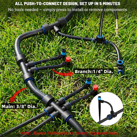230Ft Drip Irrigation Kit With Quick Connect PE Tubing featuring main 3/8 inch and branch 1/4 inch diameters for precise watering