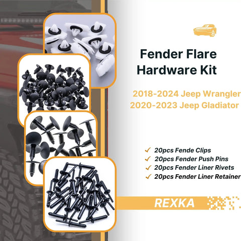 Assorted clips and rivets from Jeep Fender Flare Hardware Kit 60 Pcs For Wrangler JL 2018 2024 Gladiator JT 2020 2023 Ram 1500