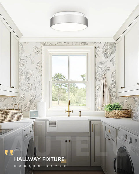 Laundry room with 12 Inch Flush Mount Ceiling Light Fixture With Frosted Glass Shade In Brushed Nickel Finish, modern decor.