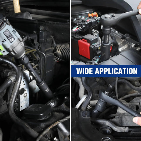 Beefy Half Inch Drive Deep Impact Socket Set in use on engine, showing 10mm to 27mm sockets with extensions and adapter.