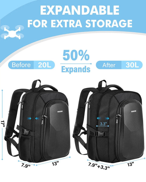Expandable backpack showing size increase from 20L to 30L in black, fits Waterproof Hard Case For DJI Mini 4 Pro And Mini 3 Pro.
