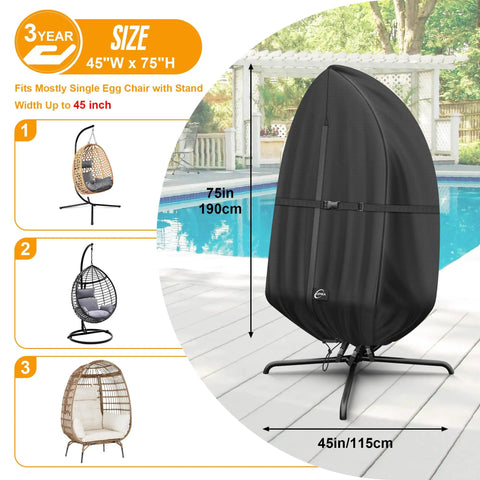 Waterproof Outdoor Egg Chair Cover For Hanging Swing Upgraded 500D Oxford on poolside deck, fits 45 inch wide by 75 inch high.