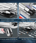 Detailed view of F-16 Fighter Jet Building Set with 1377 Pieces, showing display stand, tail nozzle, landing gear, and missile system