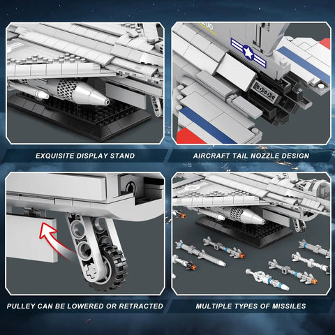 Detailed view of F-16 Fighter Jet Building Set with 1377 Pieces, showing display stand, tail nozzle, landing gear, and missile system