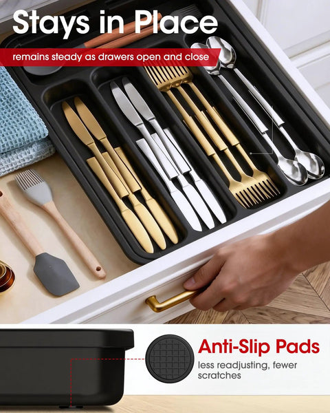 Expandable Silverware Drawer Organizer For Kitchen Storage And Organization Adjustable Utensil Tray For Forks Knives And Flatware Multipurpose Drawer Solution For Dishes Cosmetics Jewelry And More Grab And Go Space Saving Black Medium in kitchen drawer with knives and forks.