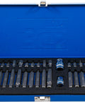 Solid 40 Piece Combo Screwdriver Bit Set With Beefy Hex Socket And T Profile Torx Bits Short Or Long Picks in blue steel case.