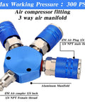 Three Way Air Hose Manifold Connectors One Quarter Inch NPT Compressor Fittings High Pressure Metal Swivel 360 Degrees Blue Two Pack Durable Air Tool Splitter And Quick Connects For Home Garage Use, blue aluminum 3-way manifold