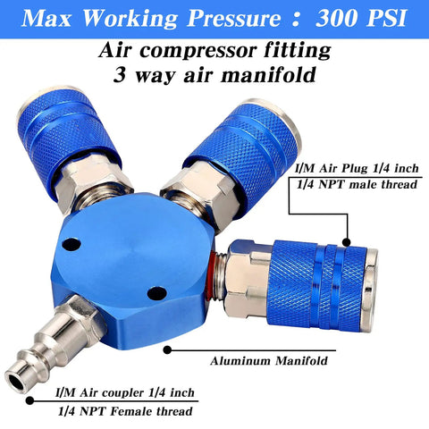 Three Way Air Hose Manifold Connectors One Quarter Inch NPT Compressor Fittings High Pressure Metal Swivel 360 Degrees Blue Two Pack Durable Air Tool Splitter And Quick Connects For Home Garage Use, blue aluminum 3-way manifold