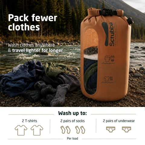 Compact Travel Laundry Washbag Featuring Patented Flex Washboard Design For Machine Grade Dirt Removal Without The Laundromat Hustle On Road Trips Camping Adventures Or Hotel Hops with clothes inside by a river.