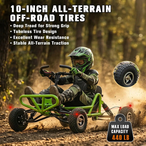 Rider on Gas Powered Off Road Go Kart For Adults And Teens With 63cc 2.5HP Engine in forest, showcasing rugged tires and steel frame.