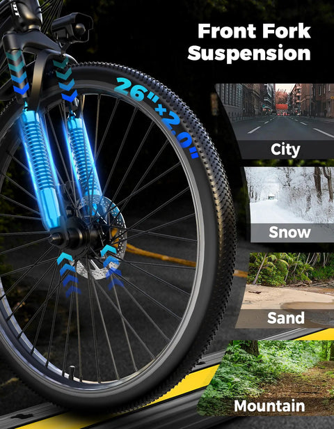Close-up of front suspension and 26-inch wheel on Powerful 1500W Peak Mountain Electric Bike With 26 Inch All Terrain Wheels 25 MPH Speed 65 Mile Range Removable 48V Battery High Step Commuter E Bike For Adults.