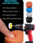 Close-up of drill with Pro Grade 2-Inch Wet And Dry Sanding Discs Set, showcasing foam polishing pads in different textures.