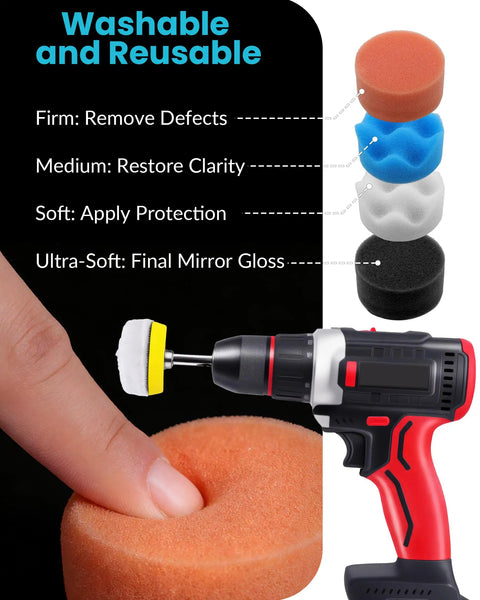 Close-up of drill with Pro Grade 2-Inch Wet And Dry Sanding Discs Set, showcasing foam polishing pads in different textures.